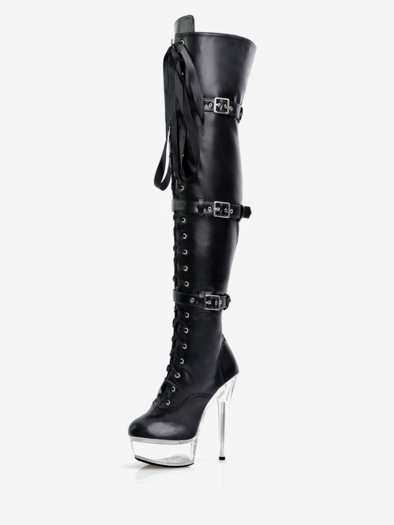 Bottes Sexy À Talons Hauts Pour Femmes Bout Rond Fermeture Éclair Talon Aiguille Géométrique Pôle Danse Cuissardes Noires Au-dessus Du Genou - Transparent