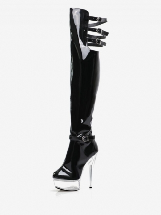 Bottes Sexy À Talons Hauts Pour Femmes Bout Rond Fermeture Éclair Talon Aiguille Géométrique Pôle Danse Cuissardes Transparentes Au-dessus Du Genou