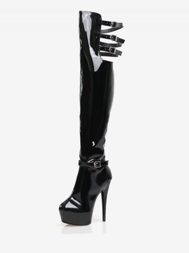 Bottes Sexy À Talons Hauts Pour Femmes Bout Rond Fermeture Éclair Talon Aiguille Géométrique Pôle Danse Cuissardes Transparentes Au-dessus Du Genou - Noir