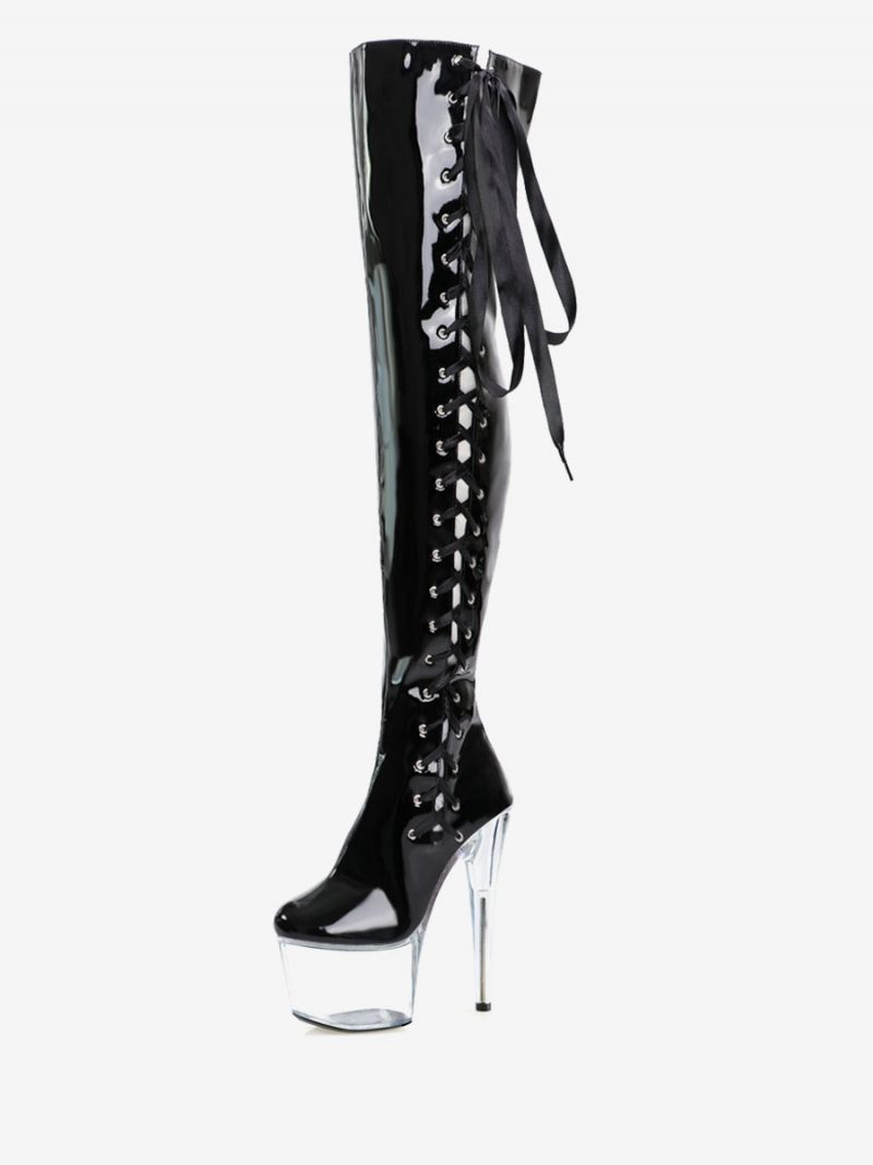 Bottes Sexy À Talons Hauts Pour Femmes Bout Rond Fermeture Éclair Talon Aiguille Géométrique Rave Club Cuissardes Transparentes Au-dessus Du Genou