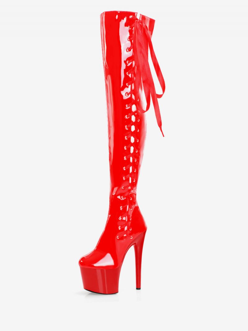 Bottes Sexy À Talons Hauts Pour Femmes Bout Rond Fermeture Éclair Talon Aiguille Géométrique Rave Club Cuissardes Transparentes Au-dessus Du Genou - Rouge