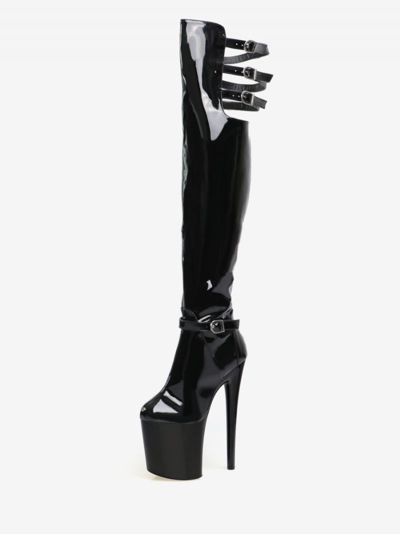 Bottes Sexy À Talons Hauts Pour Femmes Bout Rond Fermeture Éclair Talon Aiguille Géométrique Rave Club Cuissardes Transparentes Au-dessus Du Genou - Noir