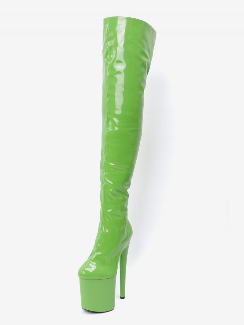 Bottes Sexy À Talons Hauts Pour Femmes Bout Rond Fermeture Éclair Talon Aiguille Pôle Danse Herbe Verte Cuissardes Hautes Au-dessus Du Genou