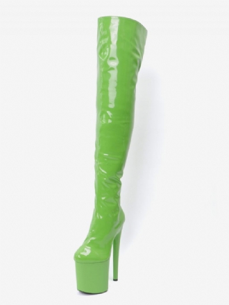 Bottes Sexy À Talons Hauts Pour Femmes Bout Rond Fermeture Éclair Talon Aiguille Pôle Danse Herbe Verte Cuissardes Hautes Au-dessus Du Genou