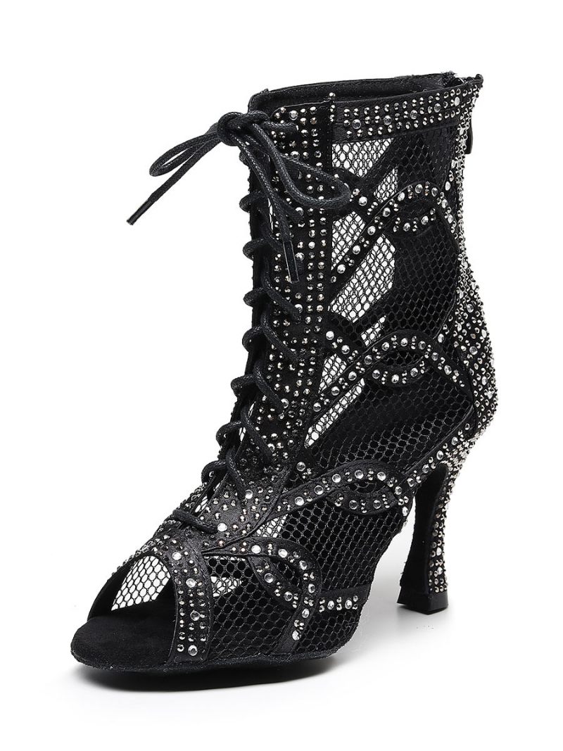 Bottines Danse À Lacets Pour Femmes Filets Strass - Noir