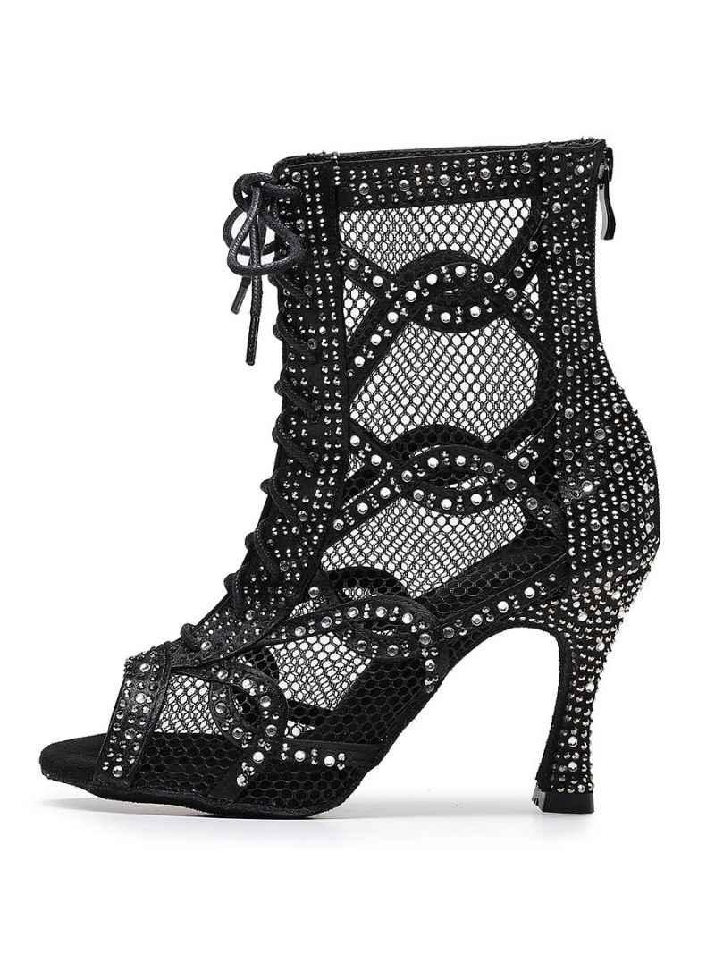 Bottines Danse À Lacets Pour Femmes Filets Strass - Noir