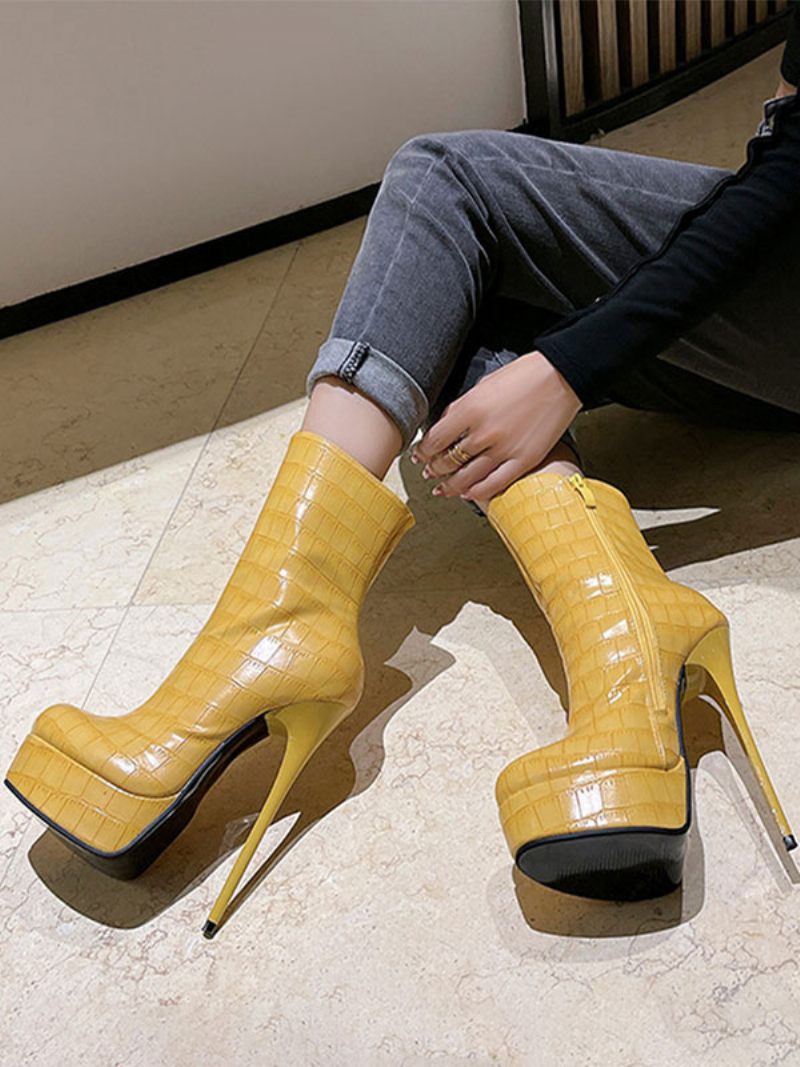 Bottines À Plateforme Bout Rond Et Fermeture Éclair Pour Femmes - Jaune