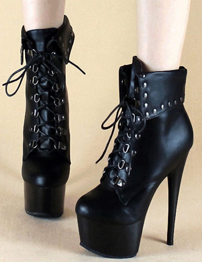 Bottines À Talons Hauts Plateforme Noire Bout Rond Lacets Bottes Combat Pour Femmes - Noir