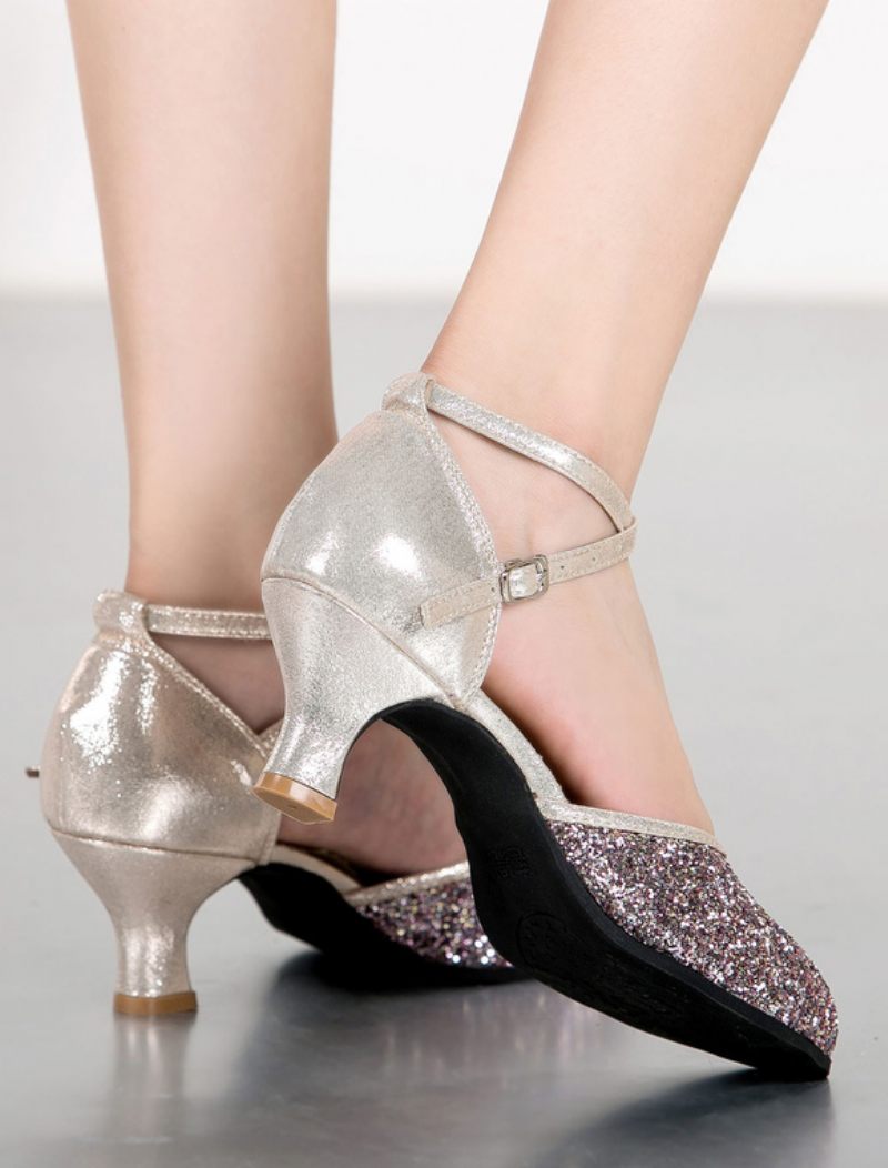 Chaussures Danse Argentées Pour Femmes Latine Croisées À Bout Rond Et Paillettes Salle Bal 2024 - Champagne