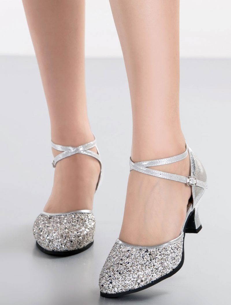 Chaussures Danse Argentées Pour Femmes Latine Croisées À Bout Rond Et Paillettes Salle Bal 2024 - Argent