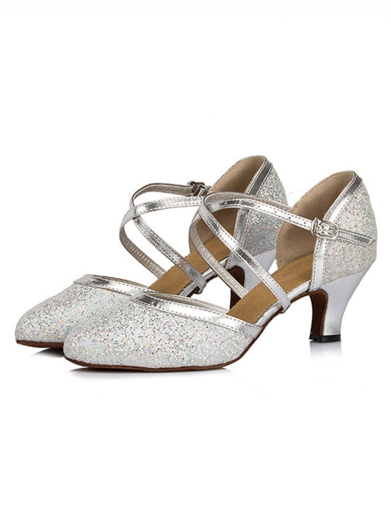 Chaussures Danse Argentées À Paillettes Latine Croisées Bout Pointu Pour Femmes Salsa - Argent