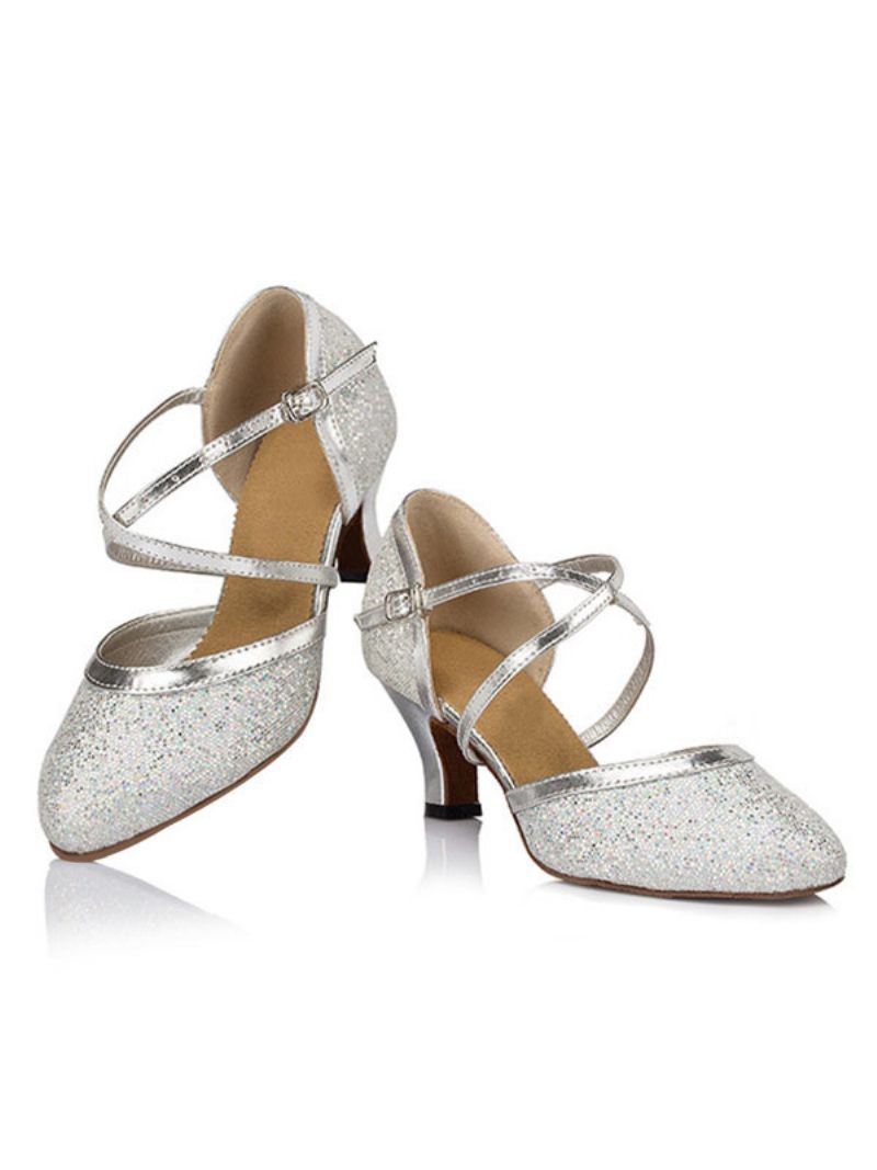 Chaussures Danse Argentées À Paillettes Latine Croisées Bout Pointu Pour Femmes Salsa - Argent