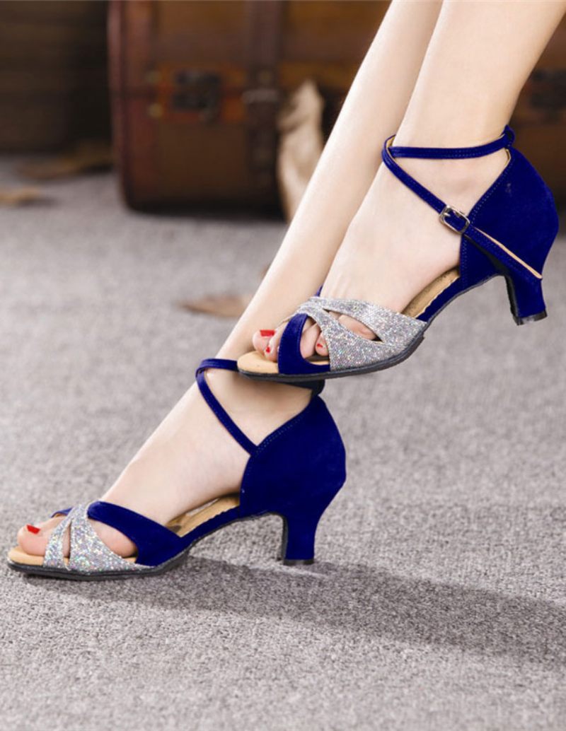 Chaussures Danse Bleues Pour Femmes Sandales Latine À Paillettes Bout Ouvert Salle Bal Croisées - Bleu