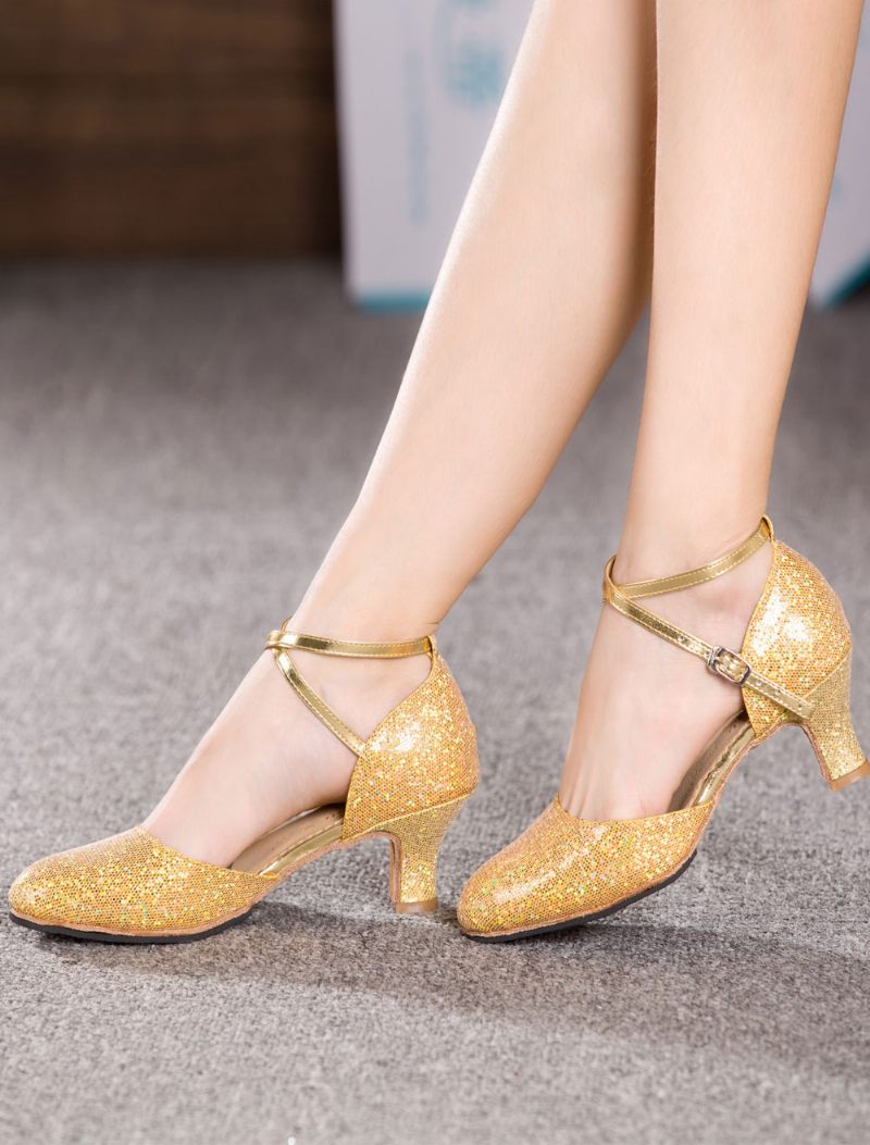 Chaussures Danse Dorées À Bretelles Et Talons Chics Paillettes Pour Femmes