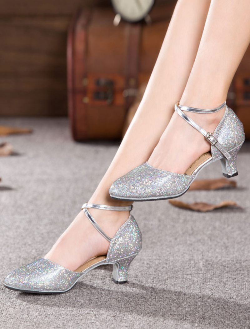 Chaussures Danse Dorées À Bretelles Et Talons Chics Paillettes Pour Femmes - Argent