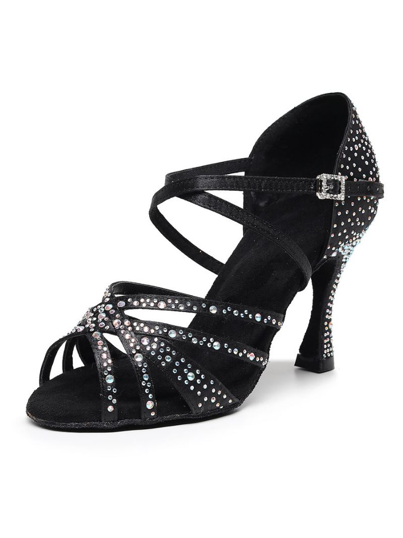 Chaussures Danse À Lanières Avec Talon Bobine Et Strass Pour Femmes - Noir