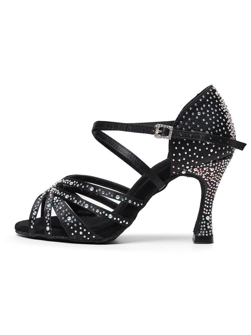 Chaussures Danse À Lanières Avec Talon Bobine Et Strass Pour Femmes - Noir