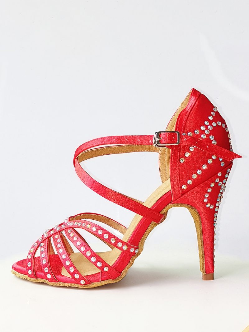 Chaussures Danse Latine Femme Soie Et Satin Rouge Bout Rond Strass