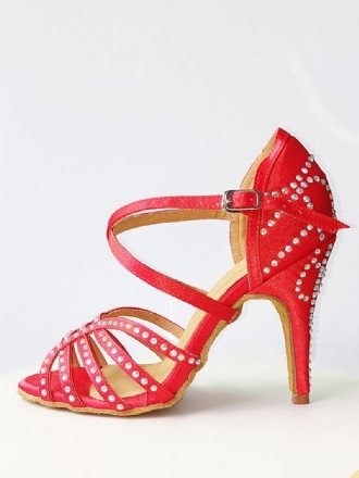 Chaussures Danse Latine Femme Soie Et Satin Rouge Bout Rond Strass