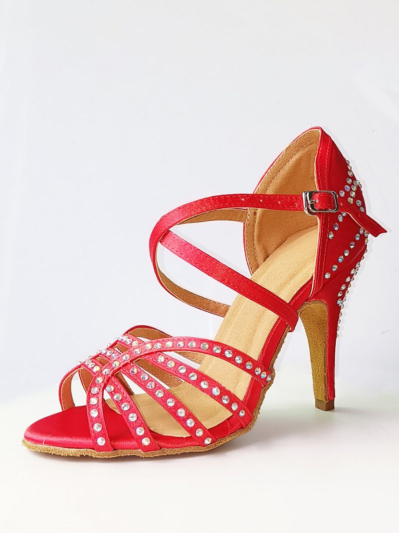 Chaussures Danse Latine Femme Soie Et Satin Rouge Bout Rond Strass - Rouge