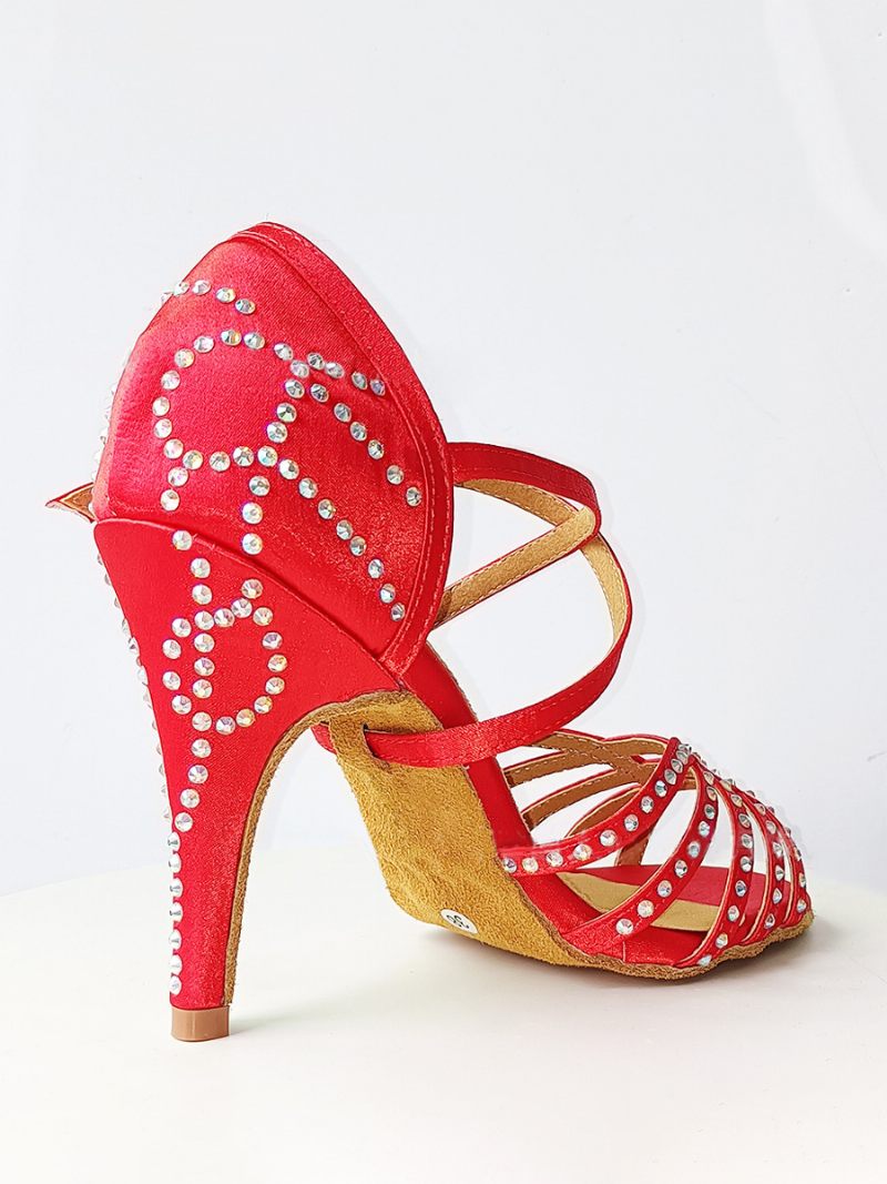 Chaussures Danse Latine Femme Soie Et Satin Rouge Bout Rond Strass - Rouge