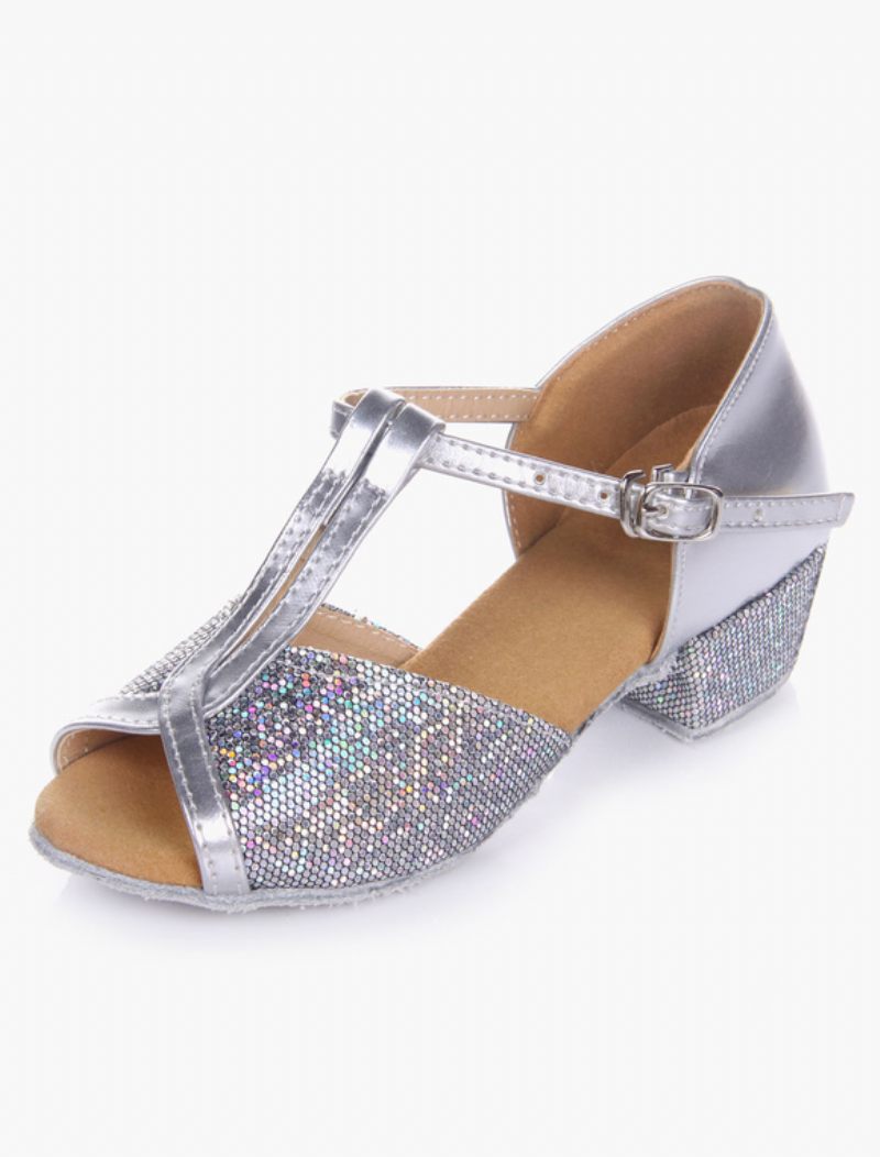 Chaussures Danse Latine Pour Femmes Blondes À Bout Ouvert Type T Semelle Souple Salle Bal Enfants 2024 - Argent