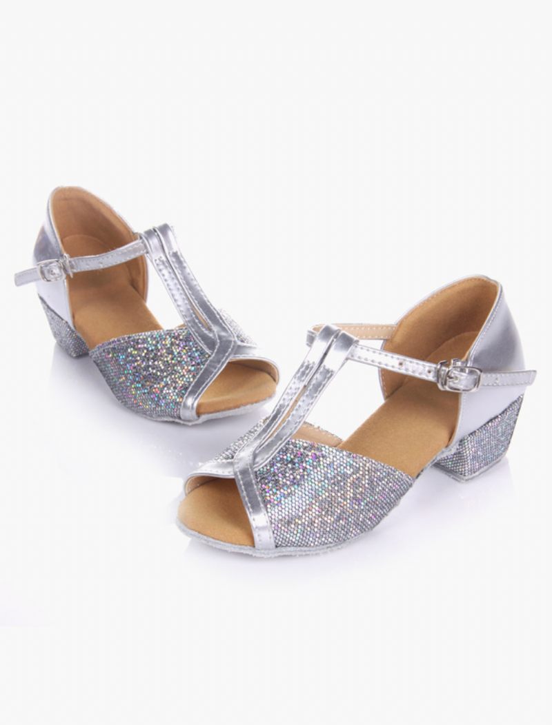 Chaussures Danse Latine Pour Femmes Blondes À Bout Ouvert Type T Semelle Souple Salle Bal Enfants 2024 - Argent