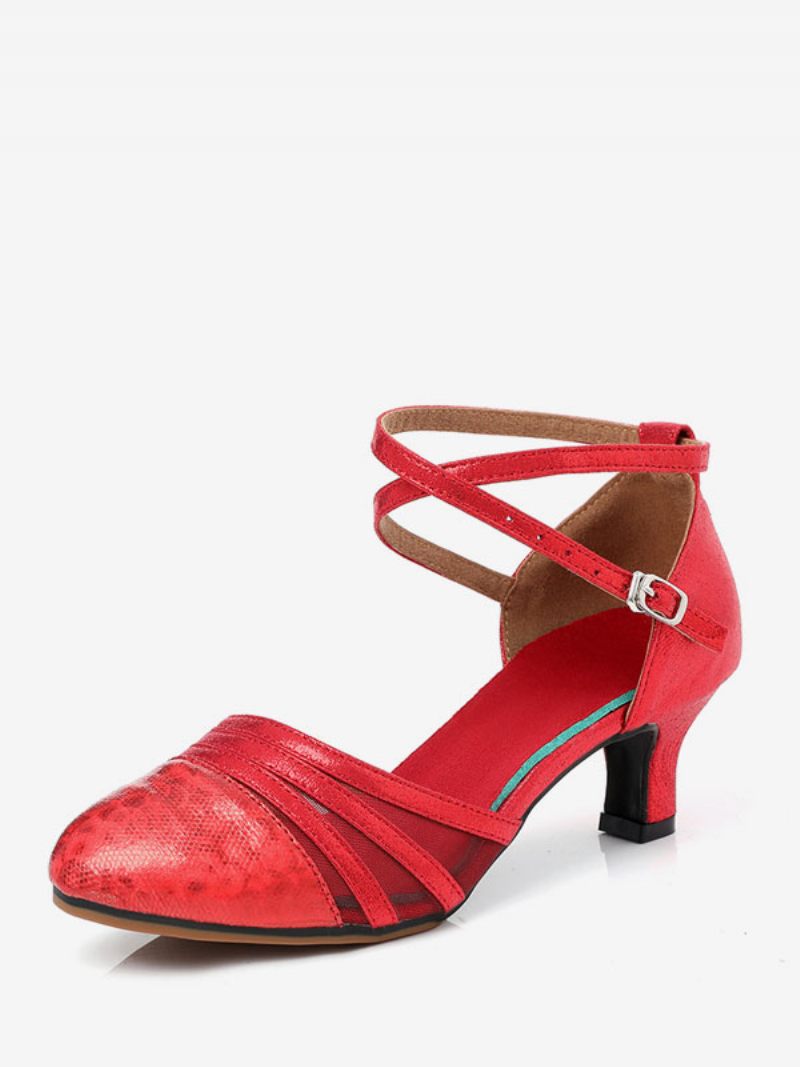 Chaussures Danse Latine Pour Femmes À Bout Rond Maille Argentée - Rouge