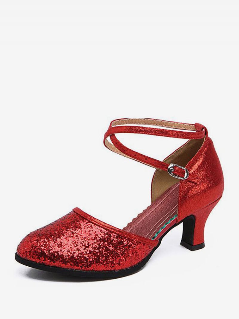 Chaussures Danse Latine Pour Femmes À Bout Rond Polyester Argenté - Rouge