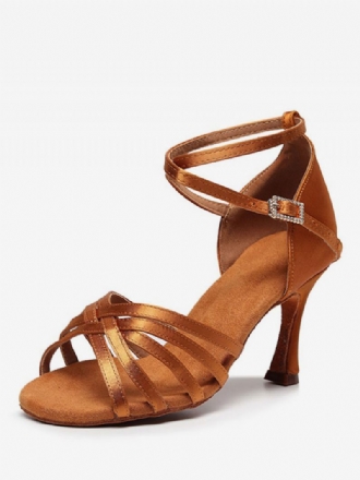 Chaussures Danse Latine Pour Femmes Café Marron Bout Ouvert Talon Aiguille Satiné Salle Bal Latines