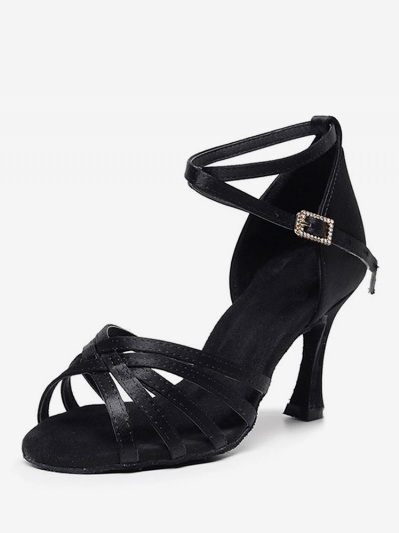 Chaussures Danse Latine Pour Femmes Café Marron Bout Ouvert Talon Aiguille Satiné Salle Bal Latines - Noir