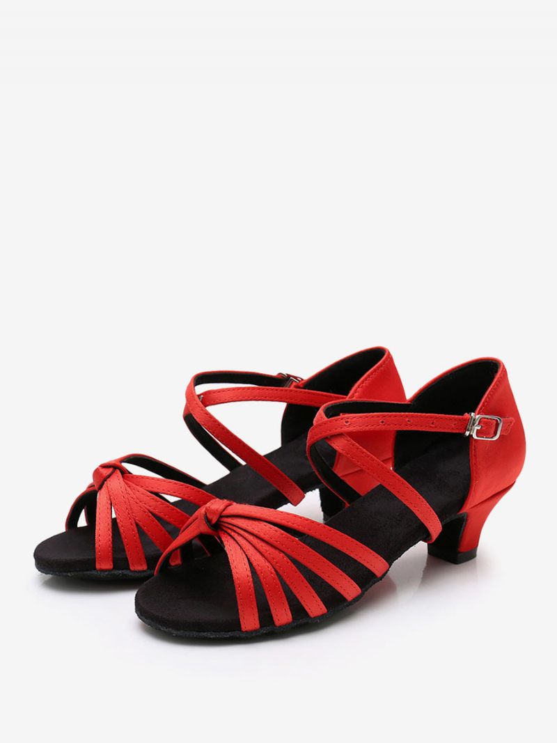 Chaussures Danse Latine Pour Femmes Noires À Bout Rond Polyester - Rouge