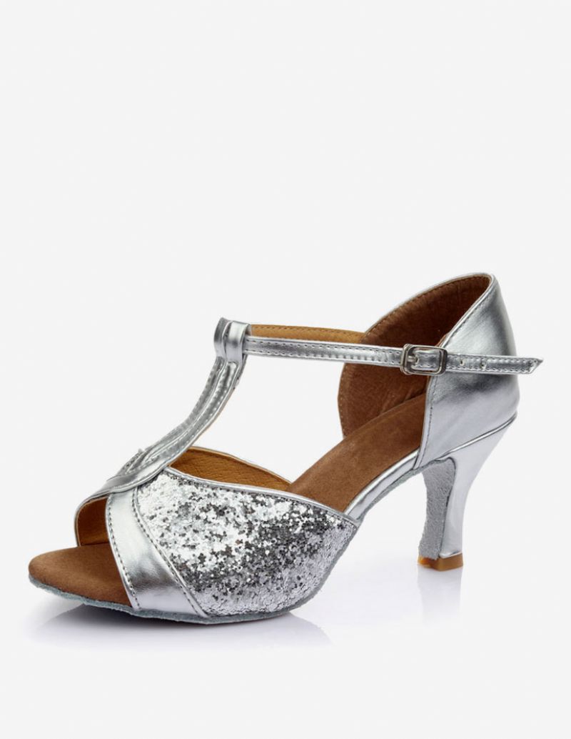 Chaussures Danse Latine Pour Femmes À Paillettes Bout Ouvert Type T Salle Bal Dorées - Argent