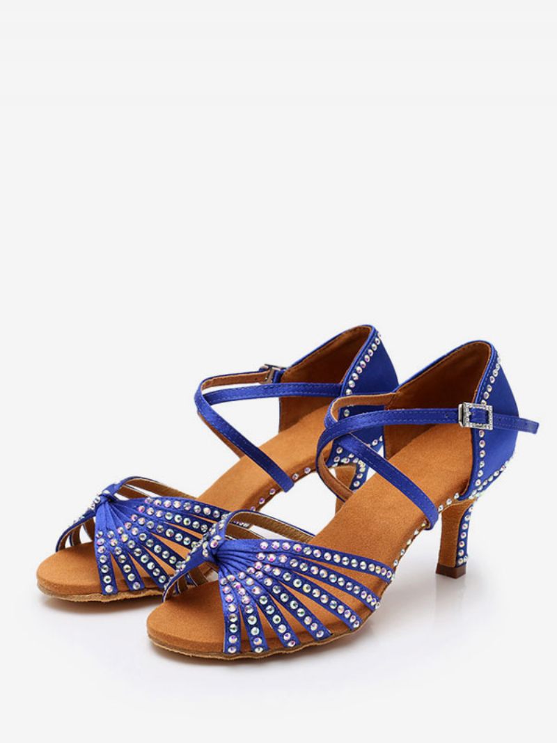 Chaussures Danse Latine Pour Femmes Polyester Noires À Bout Rond Avec Strass - Bleu