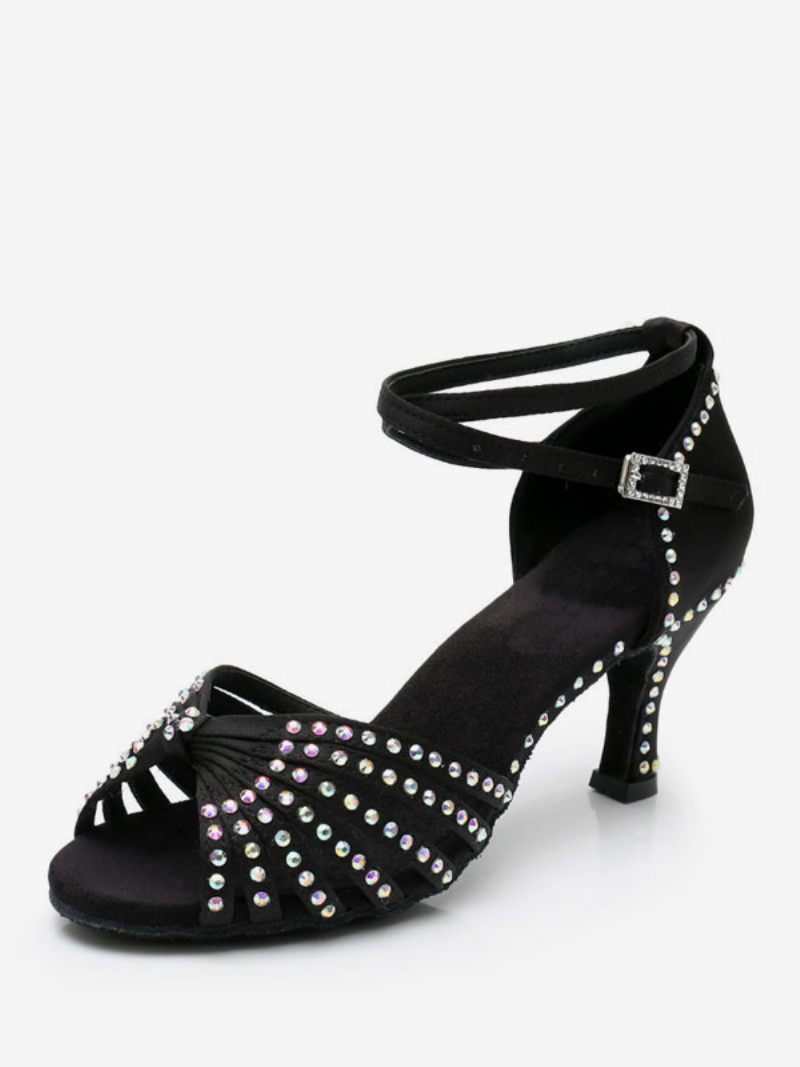 Chaussures Danse Latine Pour Femmes Polyester Noires À Bout Rond Avec Strass