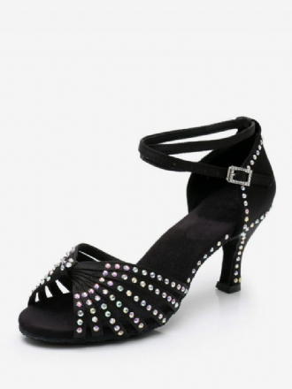 Chaussures Danse Latine Pour Femmes Polyester Noires À Bout Rond Avec Strass