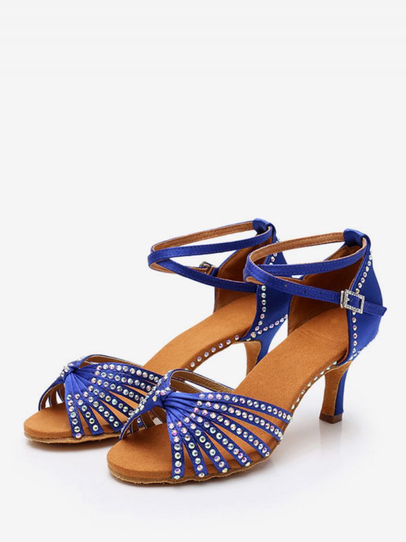 Chaussures Danse Latine Pour Femmes Polyester Noires À Bout Rond Avec Strass - Bleu