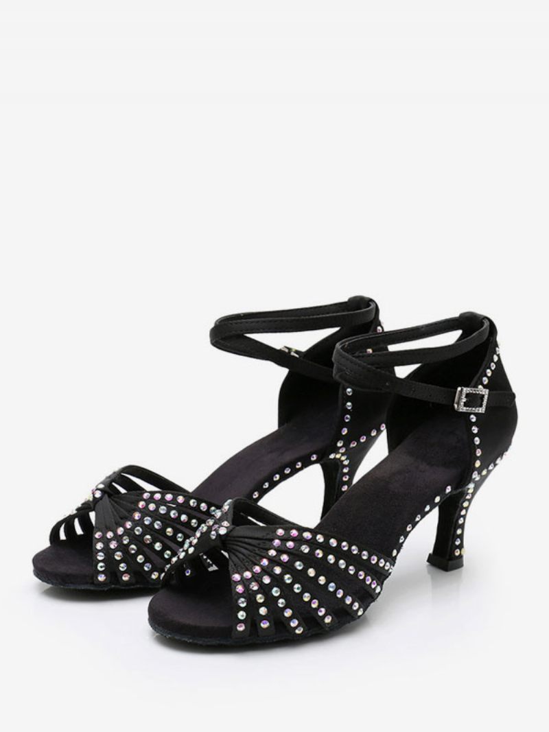 Chaussures Danse Latine Pour Femmes Polyester Noires À Bout Rond Avec Strass - Noir