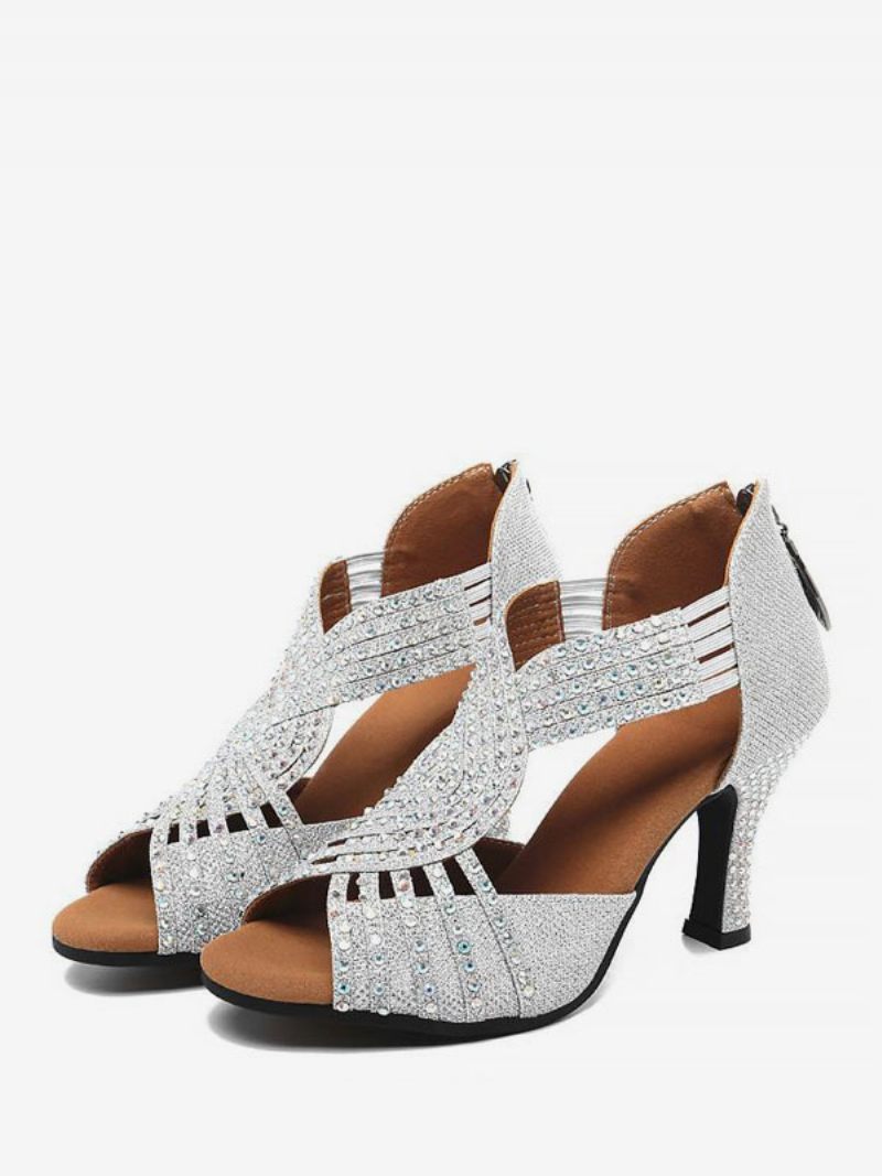 Chaussures Danse Latine Pour Femmes Salon Roses À Bout Rond Avec Strass - Argent