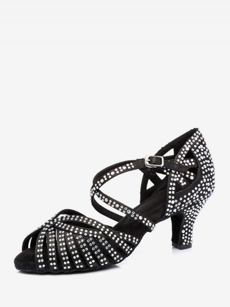 Chaussures Danse Latine Pour Femmes Satin Noir À Bout Rond Et Strass