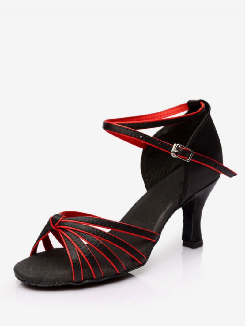 Chaussures Danse Latine Pour Femmes Soie Et Satin Nude À Bout Ouvert - Noir Rouge