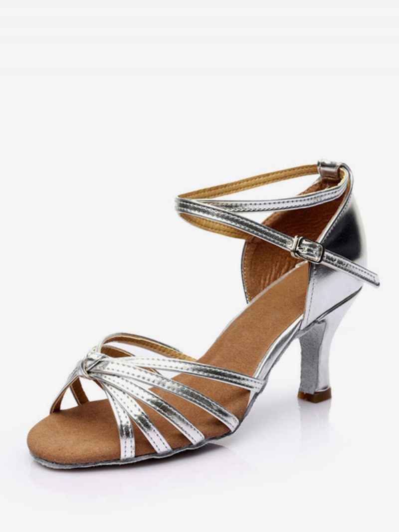 Chaussures Danse Latine Pour Femmes Soie Et Satin Nude À Bout Ouvert - Argent