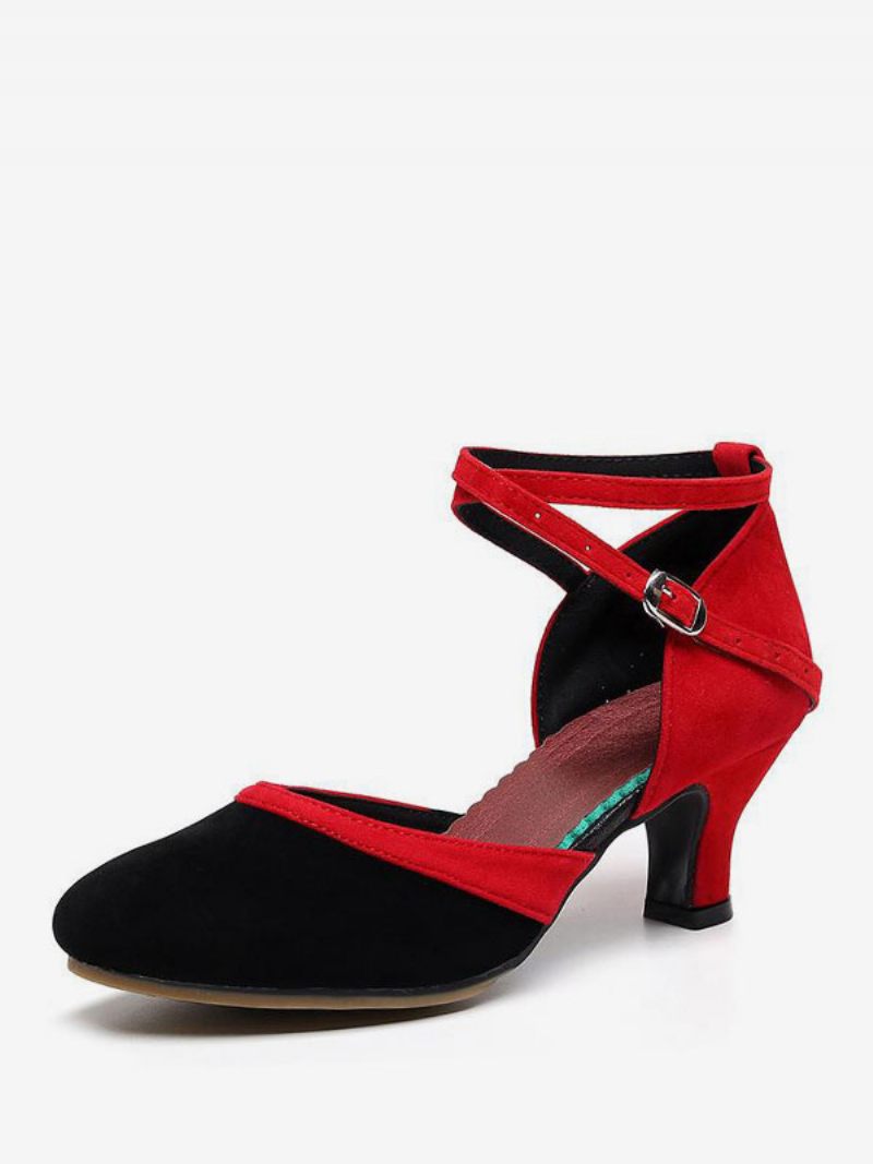 Chaussures Danse Latine Pour Femmes Tige Micro Daim Bout Rond Boucle - Rouge