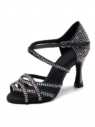 Chaussures Danse Latine Personnalisées Pour Femmes Luxe Noires À Bout Ouvert Avec Strass Salle Bal