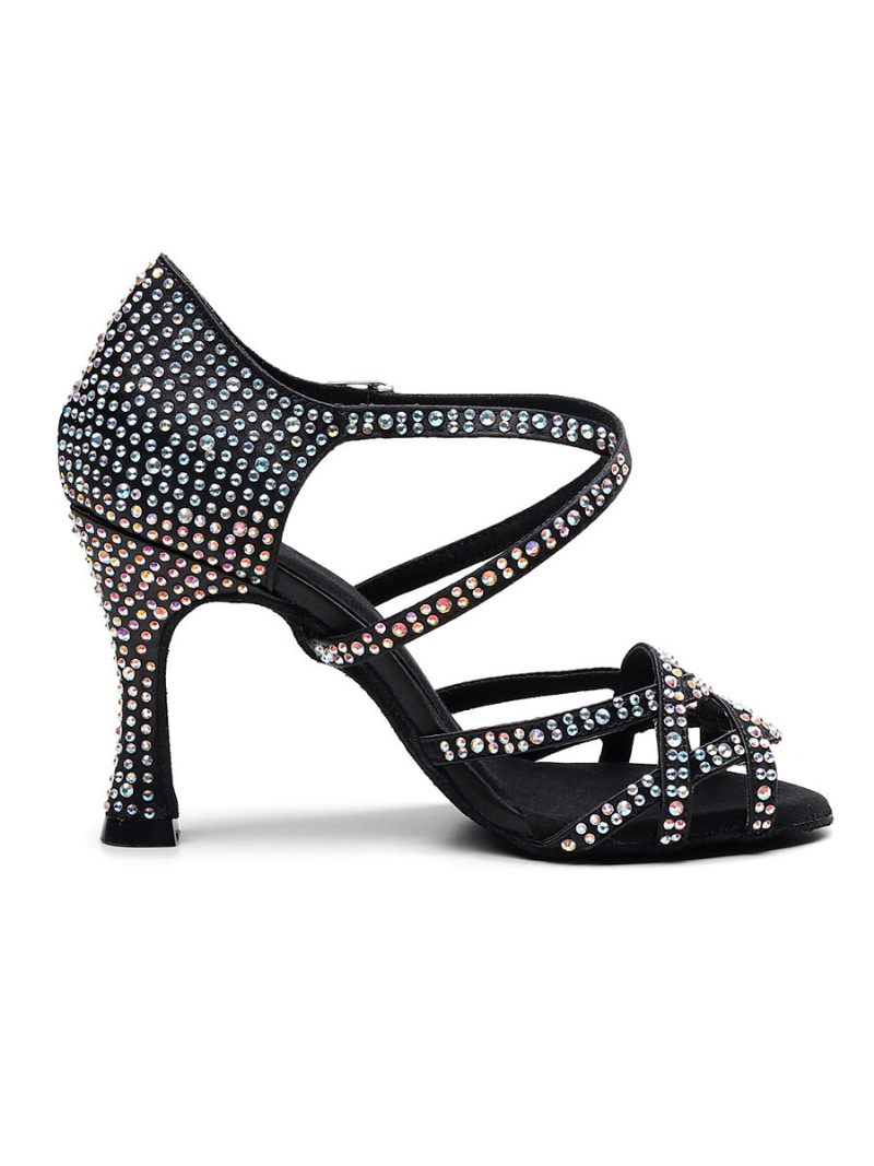 Chaussures Danse Latine Personnalisées Pour Femmes Luxe Noires À Bout Ouvert Avec Strass Salle Bal - Noir