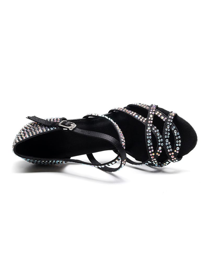 Chaussures Danse Latine Personnalisées Pour Femmes Luxe Noires À Bout Ouvert Avec Strass Salle Bal - Noir