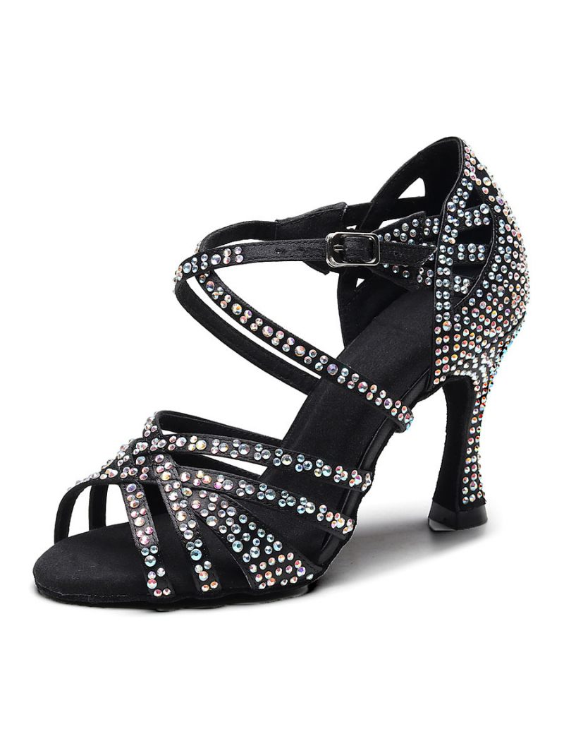 Chaussures Danse Latine Personnalisées Pour Femmes Luxe Satin À Bout Ouvert Et Strass Salle Bal - Noir