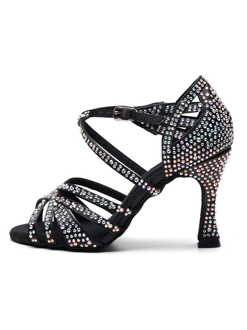 Chaussures Danse Latine Personnalisées Pour Femmes Luxe Satin À Bout Ouvert Et Strass Salle Bal - Noir