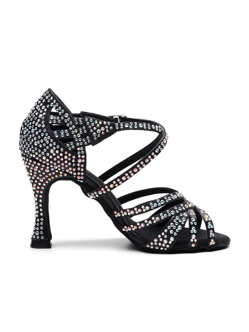 Chaussures Danse Latine Personnalisées Pour Femmes Luxe Satin À Bout Ouvert Et Strass Salle Bal - Noir