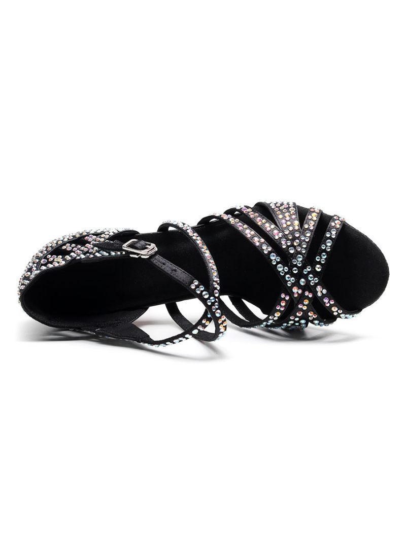 Chaussures Danse Latine Personnalisées Pour Femmes Luxe Satin À Bout Ouvert Et Strass Salle Bal - Noir